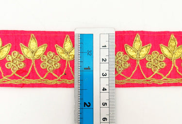 Radical Red Art Silk Fabric Trim, Gold Floral Embroidery Gota Patti Indian Sari Border Trim By Yard Decorative Trim Craft Lace